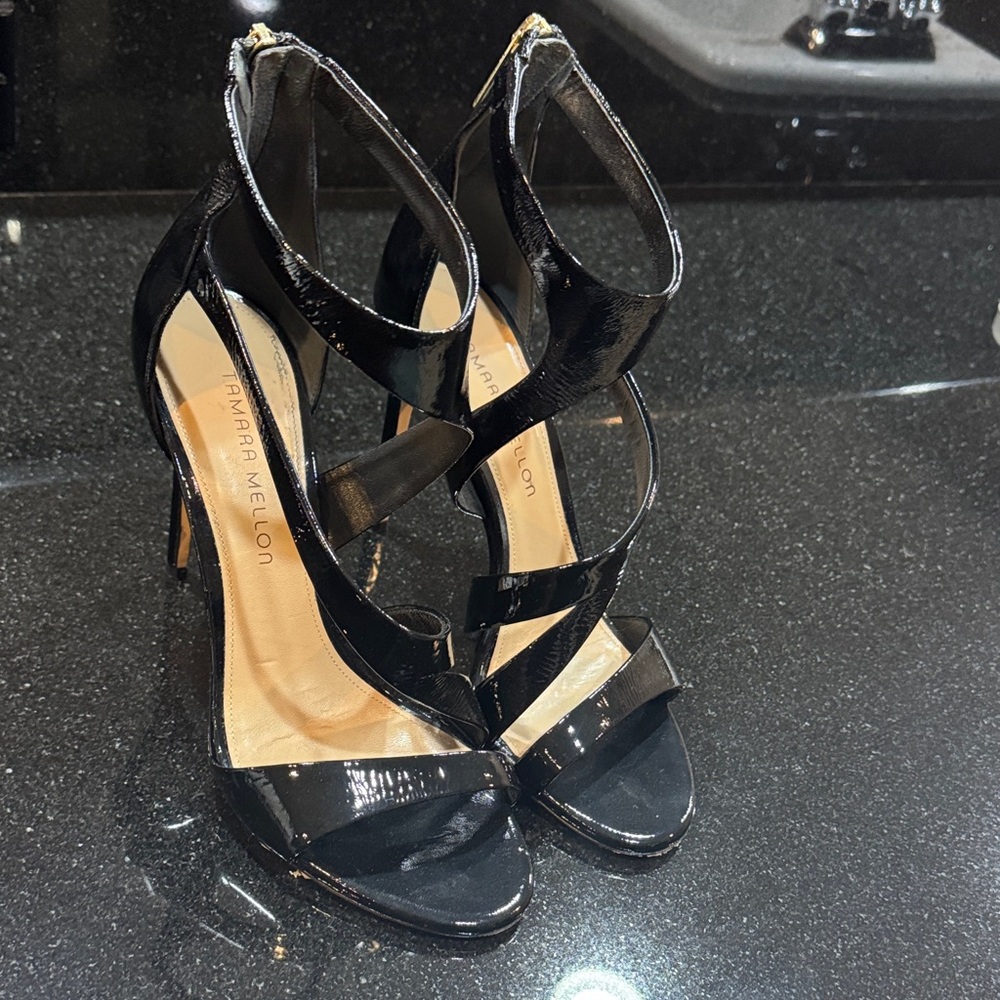 Tamara Mellon Glossy Black Strappy Heels
